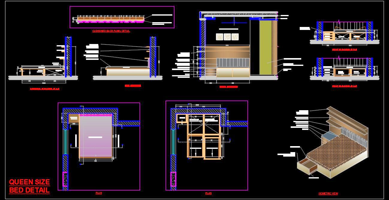 Queen Size Bed CAD Drawing with Side Table and Storage